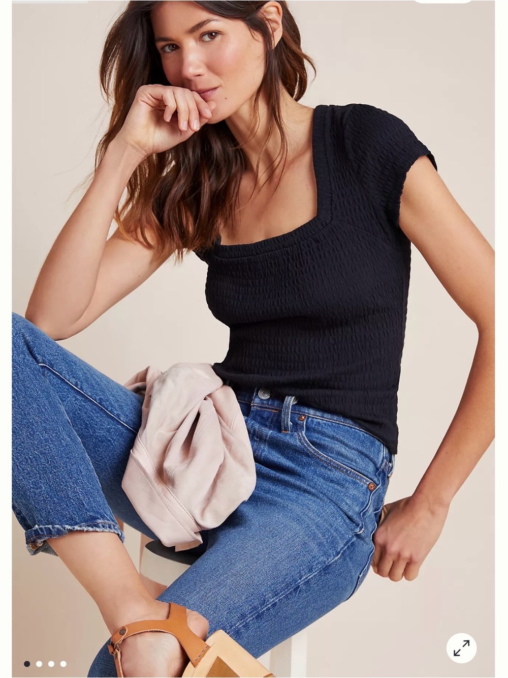Anthropologie Black Smocked Square-Neck Camisole